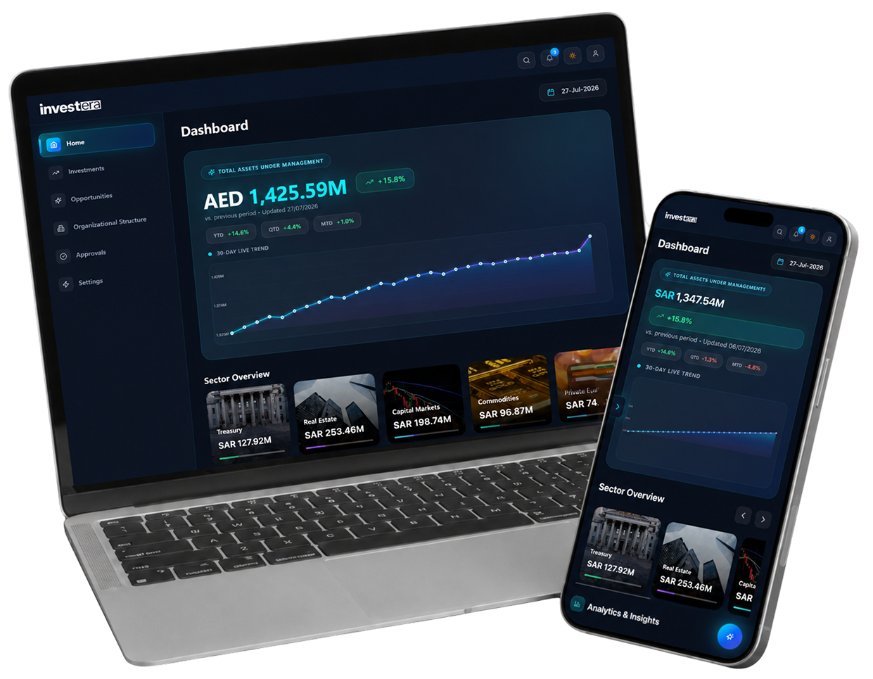Laptop and mobile showing Investera investment dashboard and AI assistant