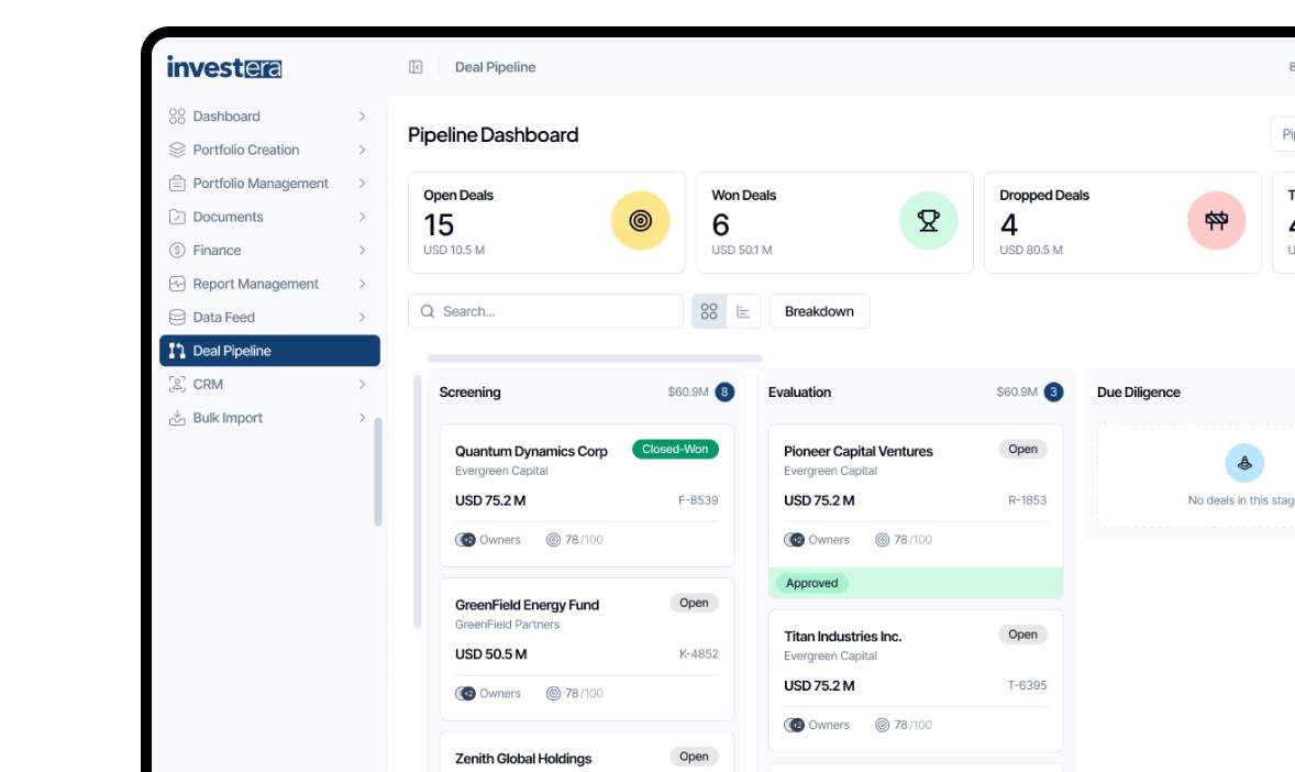 Portfolio and deal management interface with investment dashboards
